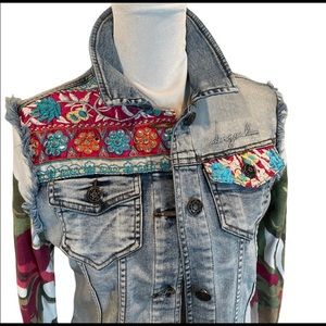 Desigual Pakaian Wanita embellished embroidered denim & knit jean jacket size 38